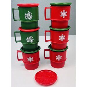 VTG 13pc Lot TUPPERWARE Red Green Christmas MUGS w/ Lids/Coasters Stackable EUC